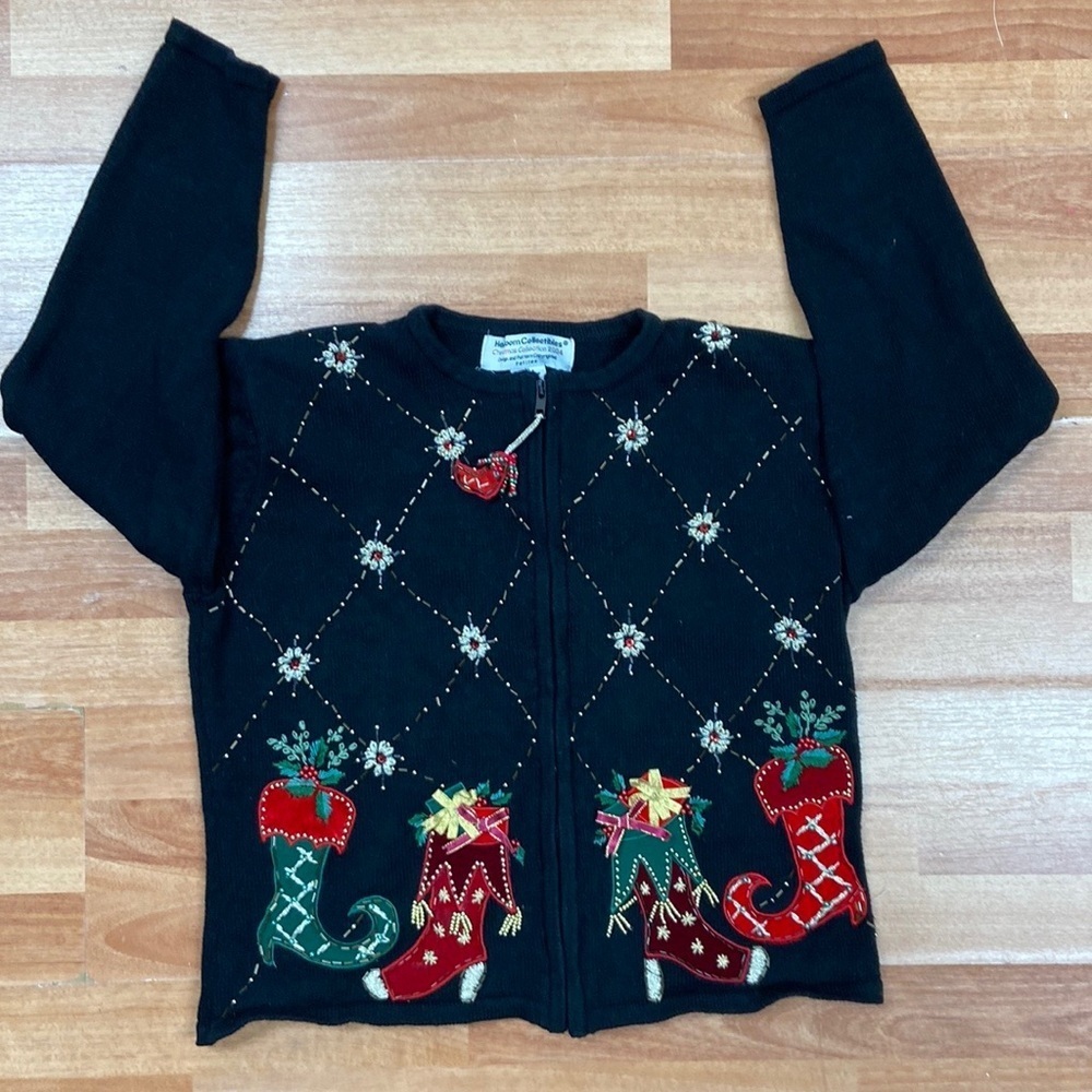 Heirloom Collectibles womens Christmas Sweater Cardigan Zip Stockings PL